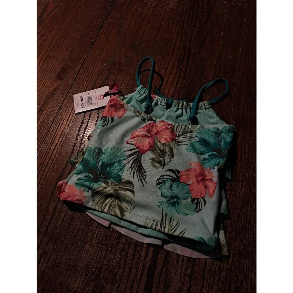 New Girls XS 5/6 Justice Retro Ruffle Tie Top Tankini Bikini Top Tropical Floral